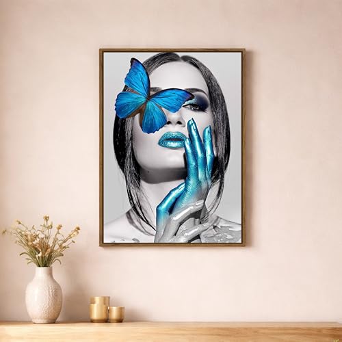 Image of Woman Portrait Pop Framed Canvas Painting For Living Room | Modern Butterfly Abstract Wall Art For Livingroom Wall Decor, Home Decor, Bedroom, Hallway's, Office, Hotel - 43x58 cm