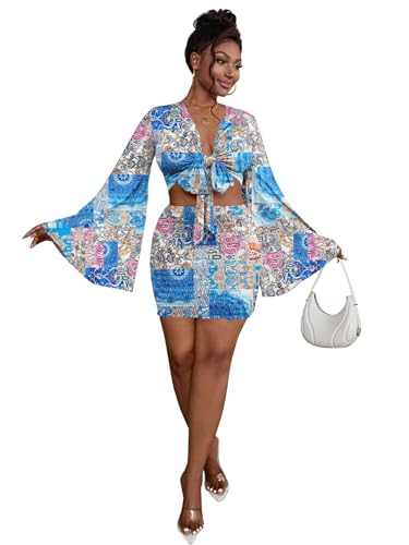 Image of LYANER Women 2 Piece Vacation Outfits Tie Knot Front Bell Long Sleeve Crop Top and Mini Skirt Summer Set