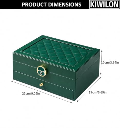 Image of PU Leather Jewelry Box Organizer for Women with Lock & Key, 2 Layer Jewellery Storage Case with Drawer, Ring Slots, Necklace Hooks & Earring Holder (Green)