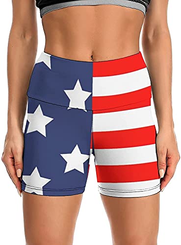 Women's Yoga Short High Waisted USA Flag 4th July Patriotic Shorts Cross Waist Workout Biker Running Sport Shorts