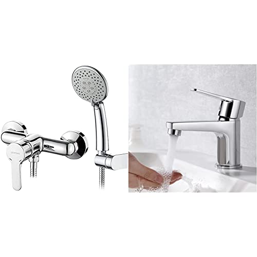 GRIFEMA PORTO-G12003 | Duscharmatur - Chrom & Ibergrif M11057 Wasserhahn Bad-Mischbatterie, Waschtischarmatur mit Geräuscharmem Keramischem Ventilkern,Silber