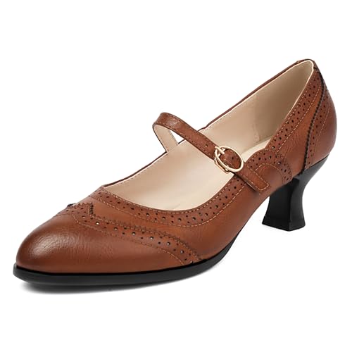 Women's Wingtip Mary Jane Low Kitten Heel Vintage Chunky Heels Ankle Strap Closed Round Toe Pumps Oxford Brogue Work Dress Shoes