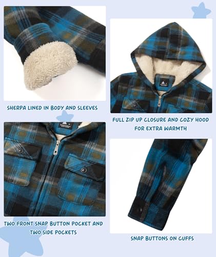 Image of Boys Flannel Jacket Hooded Fleece Lined Zip-up Hoodies Plaid Coat for Kids