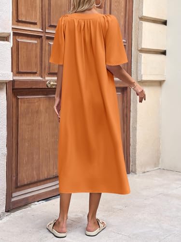 Image of Wenrine Womens Casual Maxi Dress Short Sleeve Loose Flowy Summer Dresses | flutter sleeve, v neck, loose fit, slit, long summer dress, beach, vacation