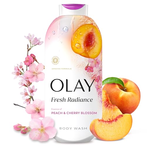 Olay Body Wash for Women Fresh Radiance 24/7 Skin-Loving Freshness Visibly Radiant Plant Based Cleansers Vitamin B3 & Antioxidant Blend For All Skin Types Peach & Cherry Blossom Scent 22 fl oz