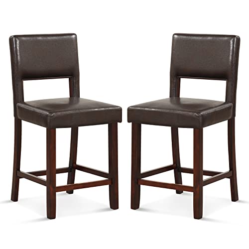 Image of COSTWAY Bar Stools Set of 2, PVC Leather 24.5 Inch Counter Height Chairs with Hollowed Backs, Rubber Wood Legs, Upholstered Barstools for Kitchen Island Home Bar Pub Dining Room, Brown