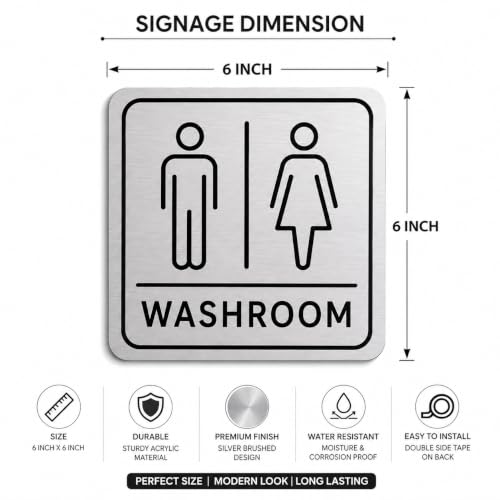 Image of Premium Acrylic Washroom Door Sign | Brushed Silver Finish Self-Adhesive Signage for Hotel, Office, Resort, Society, Corporate, Hospital & Commercial Spaces | Elegant Bathroom Door Sign