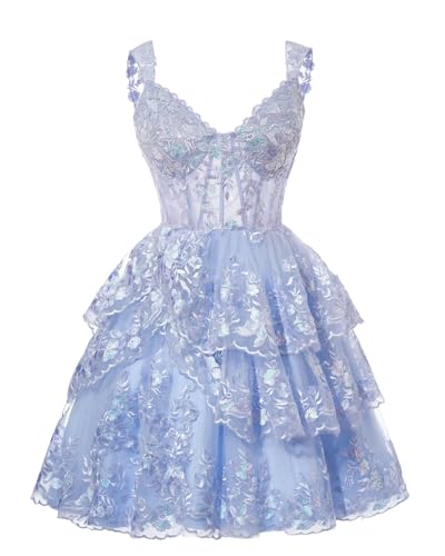 YOFF Sparkly Tiered Lace Homecoming Dresses Corset for Teens Spaghetti Straps Puffy Short Prom Cocktail Gowns YO127
