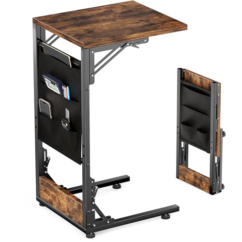 Feverdes Folding TV Tray Table, Small Folding Side Table with Storage Bag, Portable C Shaped End...