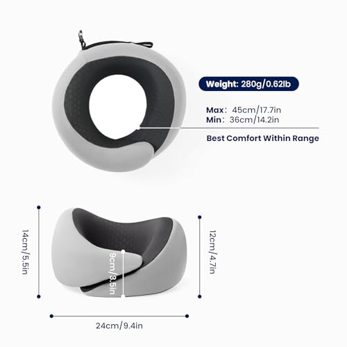 Image of Dream Valley Neck Travel Pillow, Memory Foam Travel Pillow for Airplane, Portable Roll-Up Neck Pillow with Cooling Inner Fabric, 360 Ergonomic Support, No Head Bobbing, Light Gray