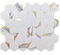 Box of 10 White & Gold Hexagon Tile Sheets – Mesh-Mounted, 8.3 Sq Ft, Not Peel & Stick Waterproof Vinyl, for Kitchen Backsplash, Bathroom Wall, Fireplace, Laundry, Accent Walls