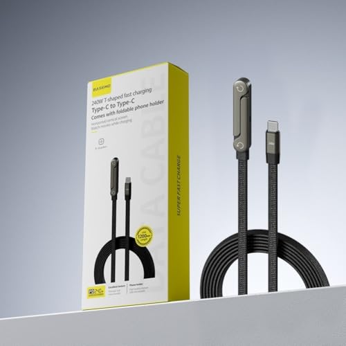 Axorafow Cable de carga 2 en 1 con, cable USB C de carga de 240 W, soporte plegable para teléfono de viaje, tableta portátil de nailon de 1,5 m, negro (1)