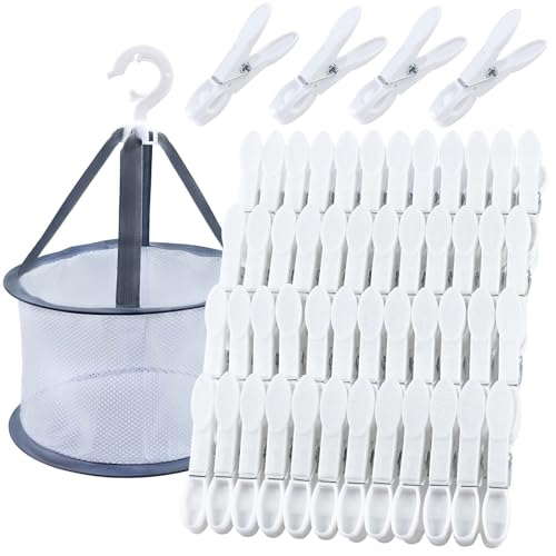 KEYBOO Lot de 48 pinces à linge blanches avec panier, sacs à pinces à linge multicolores coupe-vent en plastique sans empreinte pour cordes à linge et vêtements,...