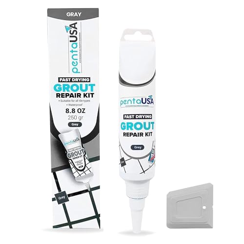 PentaUSA Riparazione Fughe Piastrelle Grigio - Tubetto Riempitivo Ripara e Rinnova, Malta per Piastrelle, Kit Riparazione Fughe ad Asciugatura Rapida con Raschietto, Stucco inodore (Grigio 250gr)