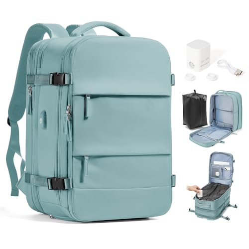 Image of Travel Backpack with Compression Vacuum Storage Bag & Electric Pump, Expandable Flight Approved Carry On Backpack, 18x14x8 inches Personal Item Travel Bag for Men Women, Blue