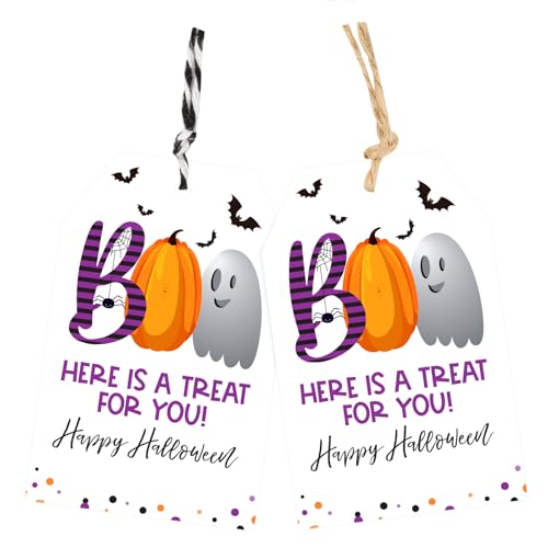 joycraft 50Pcs Halloween Tags with String 3.3x2.1 inch Pumpkin Happy Halloween Paper Gift Wrap Tags Purple Boo Holiday Hangtags for Candy Bag Party Favor DIY Craft