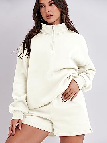 Anrabess Women's Oversized 2 Piece Lounge Sets Fall Outfits 2023 Long Sleeve Casual Pajamas Short Sweatsuit Sets Matching Set Loungewear Cozy Fall Trendy Clothes Set Ci775-Baise-Xl #TOP5