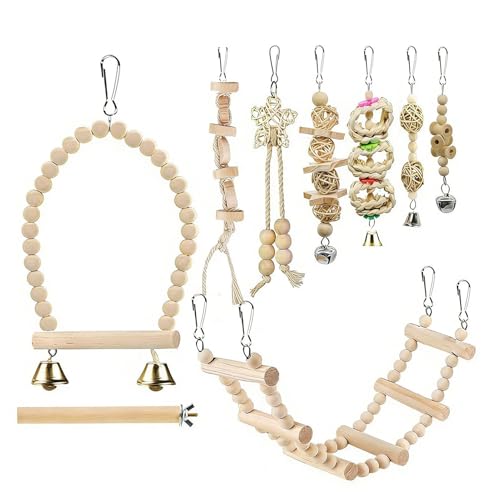 Yhsioaklo Juguetes de madera natural para pájaros, juego de gimnasio multiactividad, soporte de campana de escalera de cuerda, percha de masticación para jaula, enriquecimiento de cacatúas de canario