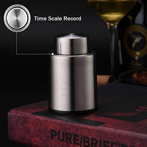 BeRicham Vacuum Wine Stoppers with Time Scale Record, Leakproof Wine Corks/Wine Preserver/Wine Sealer to Keep Wine Fresh, Gifts for Wine Lovers, Fits Any Bottle (2 Pack - Stainless Steel & ABS/Black)