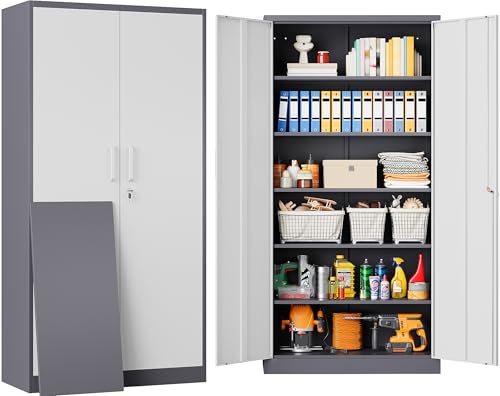 Image of Metal Storage Cabinet with 2 Doors and 6 Shelves,Gray White Metal Cabinet with Lock,71 inch Lockable Garage Storage Cabinets,Locking File Cabinet,Steel Tool Cabinets for Home,Office,Garage,Shop,School