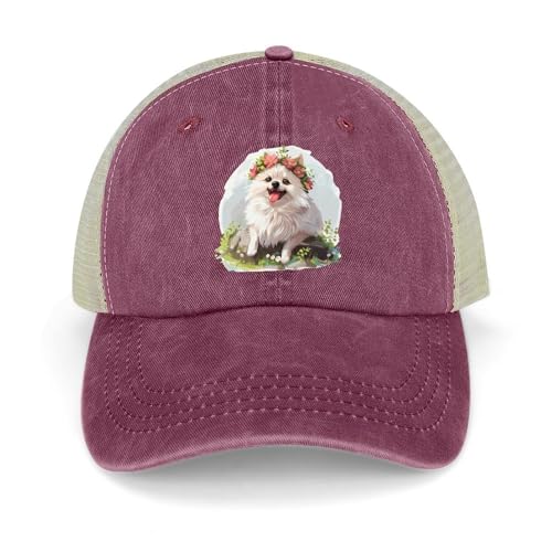 White Pomeranian Dog with Flower Classic Baseball Mesh Back Cap Golf Dad Hat Adjustable Snapback Hats for Men Women