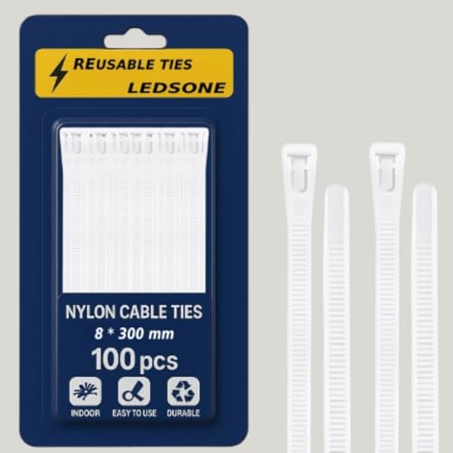 Paquete de 100 bridas reutilizables de nailon de 300 mm, color blanco, resistentes, grandes, de plástico, gruesas, color blanco, 300 x 8 mm