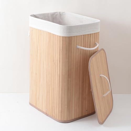 Image of Kuber Industries 72 Ltr Rectangular Bamboo Laundry Basket For Clothes With Lid | Washing Clothes Storage Bag & Laundry Box - Light Brown