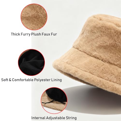 Image of Bucket Hat Women Furry Fuzzy Bucket Hats for Ladies, Winter Warm Fluffy Plush Faux Fur Hat for Women