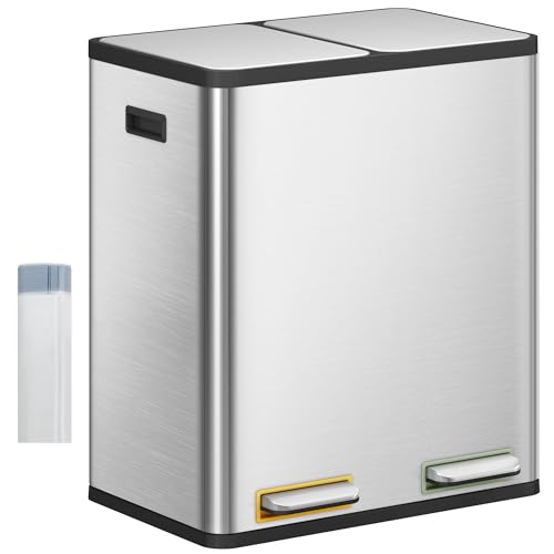Hzuaneri Poubelle Cuisine, 60L (2 x 30L), Poubelle Tri Selectif 2, Poubelles Tri avec Pédales à code couleur, Ilencieux et retombe lentement, avec 15 Sacs Poubelles, pour Cuisine, Argent SW23099E