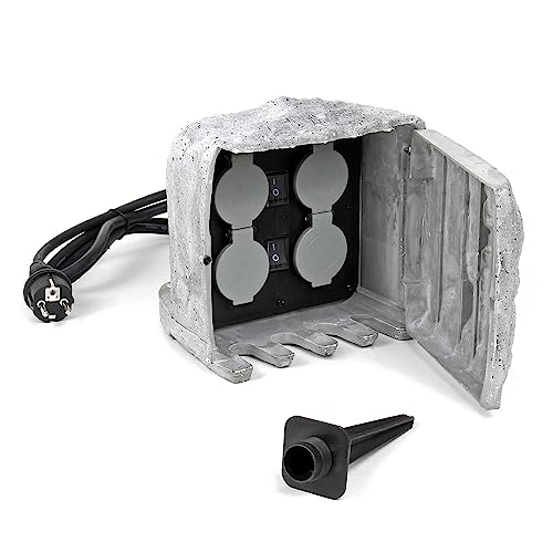Gartensteckdose 4fach in Steinoptik, IP44, Außensteckdose mit zwei...
