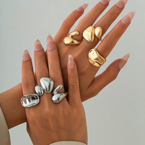 Chunky Rings for Women 3Pcs Gold Silver Stacking Ring Set Adjustable Open Irregular Geometric Stackable Rings Promise Statement Jewelry3