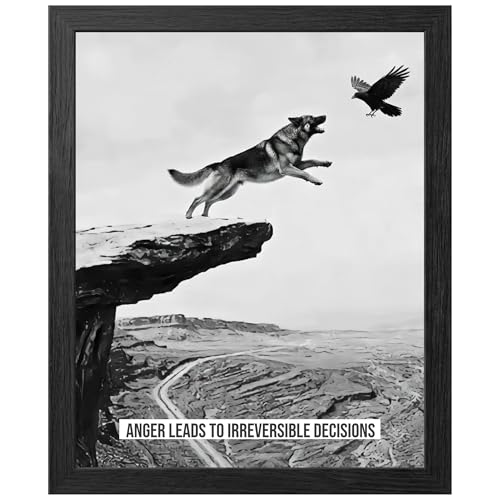 Therapy Office Desk Decor - 8x10 Framed Anger Management Art | Dog Leaping Cliff Symbolic Motivational Print | Anger Leads to Irreversible Decisions | Emotional Regulation Gift for Therapists Counselors