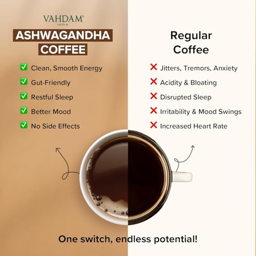 VAHDAM, Instant Mushroom Coffee with KSM 66 Ashwagandha (250mg, 40 servings), Turmeric, Lion's Mane and Chaga Mushroom | 100% Arabica Coffee | Supports Better Focus and Immunity | Enjoy Hot or Iced