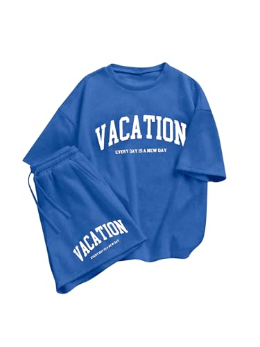 Image of Verdusa Girl's Tracksuit Sets 2 Piece Outfits Letter Print Vacation Tee Top and Drawstring Waist Shorts