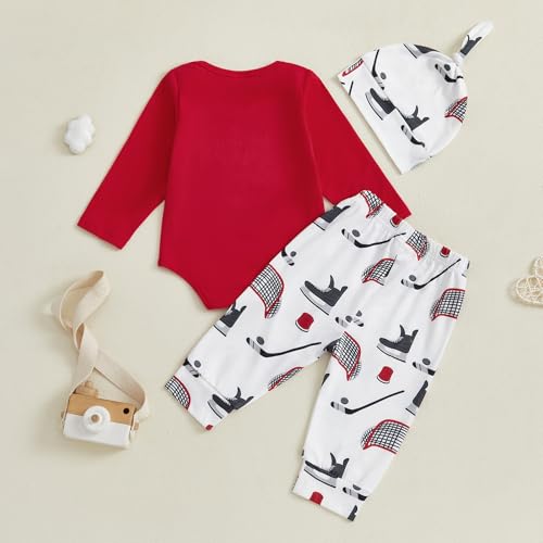 Infant Baby Boy First Hockey Season Outfit Red Black Bodysuit Hockey Print Pants And Beanie 3 Piece Set4