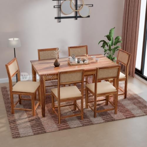 Image of DRIFTINGWOOD Amber Solid Sheesham Wood 6 Seater Dining Table Set with Rattan Back Chairs | Beige Velvet Cushioned Seating for Home & Dining Room (Natural Finish, DIY)