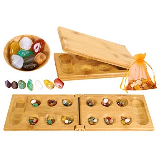 Toys of Wood Oxford Hus Spiel Mancala Brettspiel - Kalaha Spiel Erwachsene Brettspiel mit klappbarem Holzbrett und Natursteinkiesel -Familien Brettspiele-Mancala Spiele Strategisches Spiel für Kinder