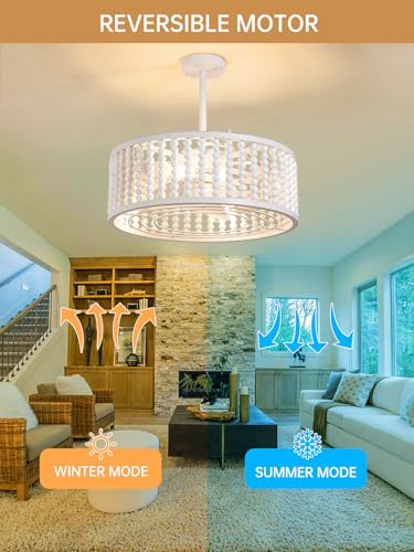 Image of Ceiling Fans with Lights and Remote - Bulbs Included, Caged Fandelier with Handcrafted Beaded Decor 19 inches Reversible Flat and Angled Ceiling Installation, White