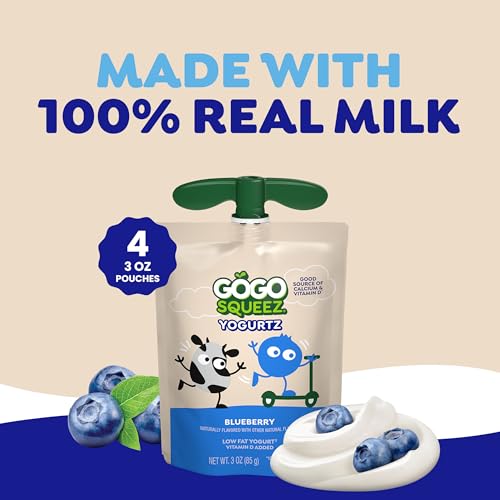 GoGo squeeZ yogurtZ Blueberry, 3 oz (Pack of 4), Kids Snacks Made from Real Yogurt and Fruit, Pantry Friendly, No Fridge Needed, Gluten Free and Nut Free, BPA Free Pouches (Packaging May Vary)