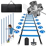 Piashow Fussball Trainingszubehör, Fußball Trainingsset mit 6 Slalom Poles, Koordinationsleiter 6m, 12 Hütchen, Springseil und Resistance Fallschirm
