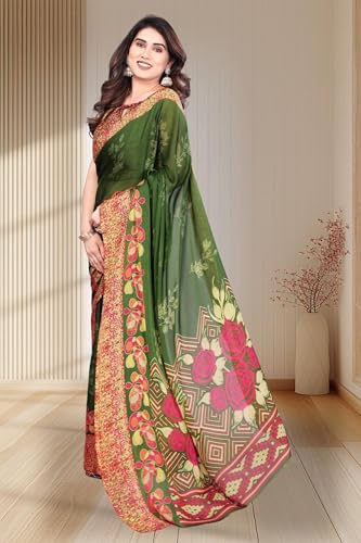 Image of SUPERLAXMI Women's Chiffon Floral Printed Saree with Blouse Piece