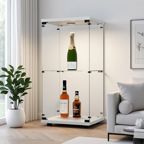Hoscullo Vitrina de cristal con LED y cerradura, vitrina de pie con 2 niveles y 1 puerta, vitrina coleccionable de cristal para salón, oficina, dormitorio, bar (blanco)