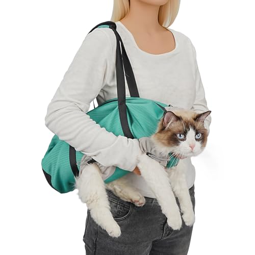 Pawfun Cat Carrier Pouch, Soft Cat Carrier and Soothing Grooming Bag, Breathable Cat Restraint Bag for Nail Clipping Vet Visits Medication Dental Care Green S