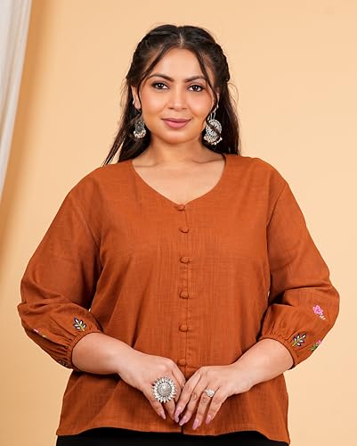Image of Akiko Women's Plus Size Cotton Slub Fabric Top V-Neckline Embroidered Sleeves