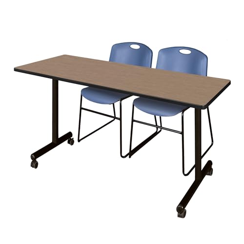 Image of Regency Kobe 66 x 24 in. Mobile T-Base Training Table- Noble Oak, 2 Zeng Stack Chairs- Blue