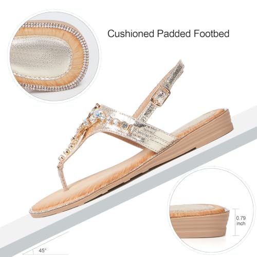 Image of iCKER Womens Rhinestone T‑Strap Flat Sandals Adjustable Ankle Strap Jeweled | for Dress,Vacation,Wedding,Party Evening and Formal Special Occasions