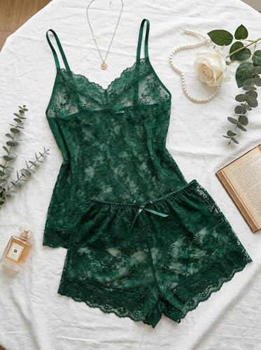 Image of Avidlove Sexy Pajama Set for Women Floral Lace Lingerie Set Sheer Sleepwear See Through Cami Shorts 2 Piece