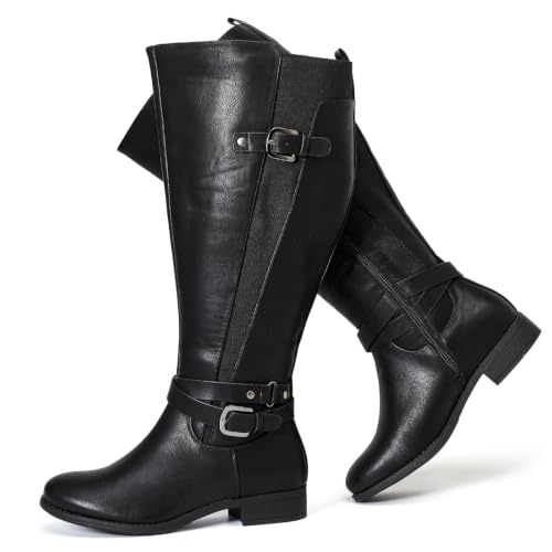 Image of Luoika Women's Extra Wide Calf Heeled Knee High Boots. | Wide Width, Winter Boots, Block Heel, Adjustable Buckle, Round toe