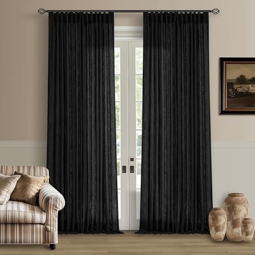 Image of 120 Inch Curtains High Ceiling Tall Curtains 2 Panels Set for Living Room Pinch Pleated with Hooks Rings Back Tab Bohemian Semi Sheer Drapes Cottage Long Large Window Drapes 120 Length Black