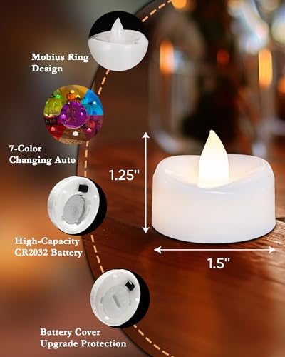 Image of merrynights Flameless Candles, 12-Pack Color Changing Tea Lights Candles Battery Operated, Long-Lasting 200+ Hours Flameless Tealight Candles for Halloween Christmas Holiday Decor, 1.5'' D X 1.25'' H